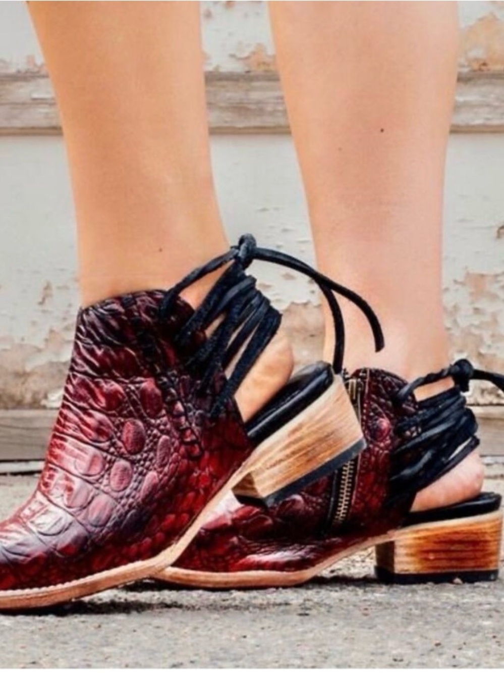 freebird Steven Jojo Leather Croc-Embossed Lace-Up Cutout Booties 7